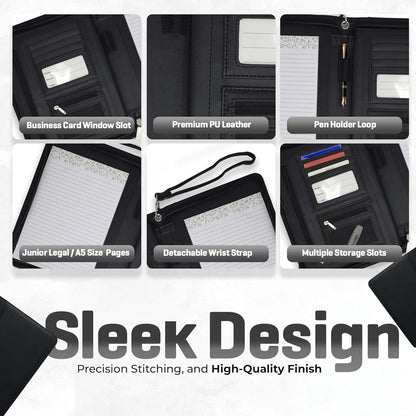 Zippered Leather Portfolio Binder with Junior Legal 5x8 Notepad - Black PU Leather Business Padfolio Organizer Folder with 8 Inch Tablet Sleeve & Gift Box by Lautus Designs