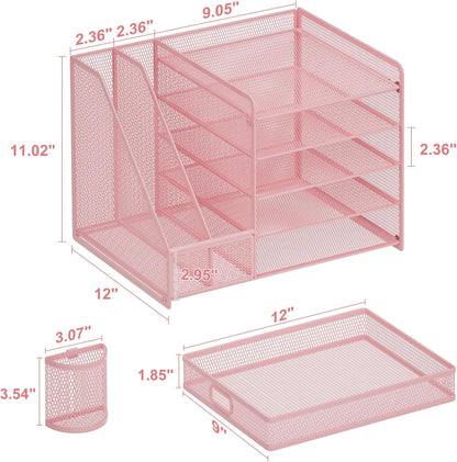 Marbrasse Desk Organizer with File Holder, 5-Tier Paper Letter Tray Organizer with Drawer and 2 Pen Holder, Mesh Desktop Organizer and Storage with Magazine Holder for Office Supplies(Pink)