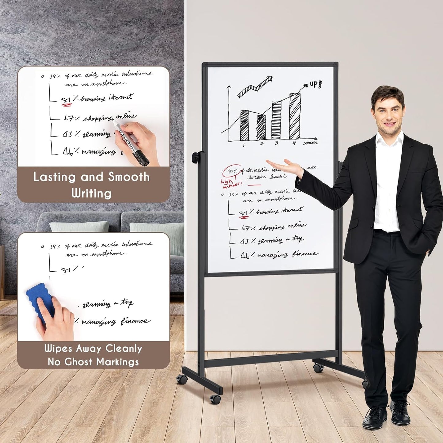 Double Sided Cork Board White Board, 32 x 48 inches Large Cork Board for Office, Height Adjustable Magnetic Dry Erase Board on Wheels, Portable Freestanding Natural Corkboard for Displaying, Planning