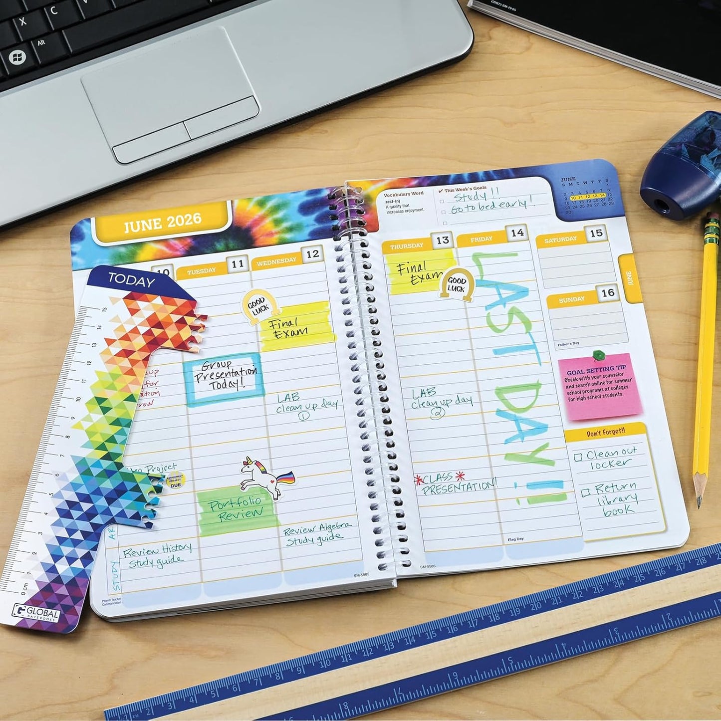 Global Datebooks Dated Middle School or High School Student Planner for Academic Year 2025-2026 Includes Ruler/Bookmark and Planning Stickers (Matrix Style - 5.5"x8.5" - Rainbow Silhouette)
