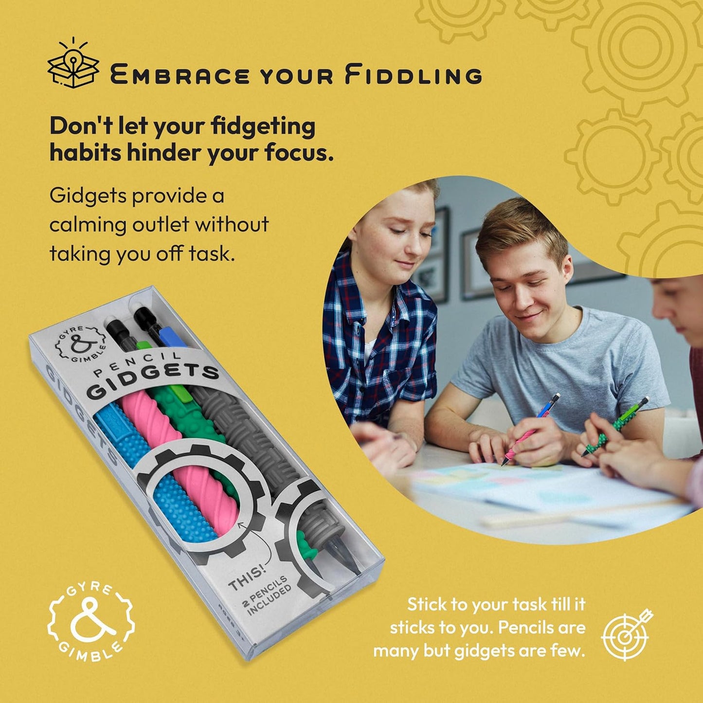 Gyre & Gimble Pencil Gidgets – Textured Silicone Pencil Sleeve for Quiet Fidgeting – Transform Your Mechanical Pencil into a Sensory ADHD Tool for Kids and Adults – 4 Sleeves & 2 Pencils