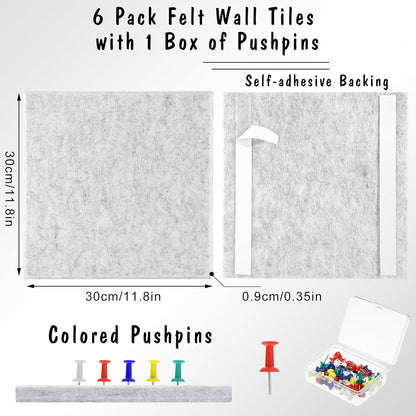 Large Cork Board 36" x 24", 6 Pack Felt Wall Tiles with Colored Pushpins, Bulletin Board with Removable Self-Adhesive Strips, Pin Board Cork Boards for Walls Office Home-Light Gray