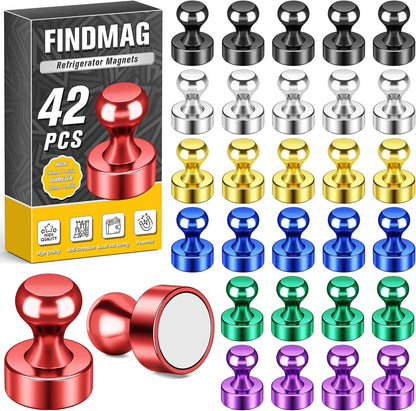 FINDMAG Strong Magnets for Refrigerator, 42 Pack Neodymium Magnets for Whiteboard, Magnetic Push Pins for Dry Erase Board, Locker Accessories, Map, Adults (Colorful)