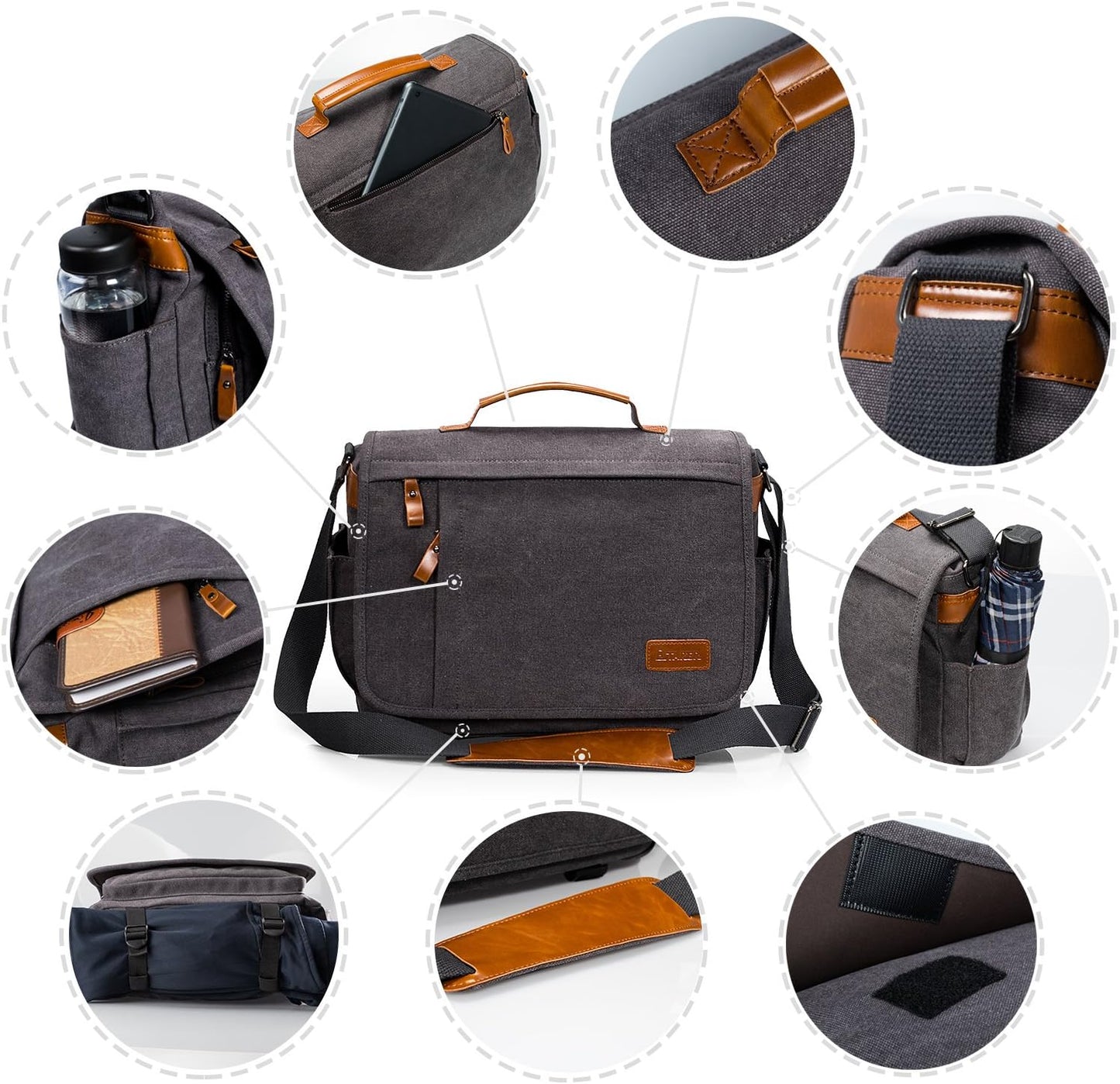 ESTARER 13-14 Inch Laptop Messenger Bag Water-Resistant Canvas Shoulder Bag for Business College, Grey