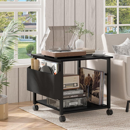 Lerliuo Large Printer Stand with Storage Shelf, 23.6 x 23.6 x 22.8 Industrial Printer Table for Home Office, Rolling Printer Cart Holder with Lockable Wheels, Mobile Mini Fridge Stand Table (Black)