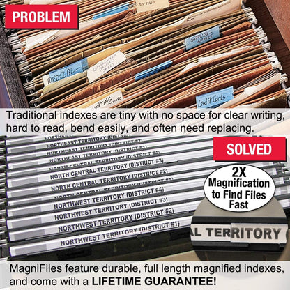 New Ultimate Office MagniFile Insertable Hanging File Folder Tabs. Indexes That Double The Size of Your File Titles to Find Files Fast! (Set of 10), Black