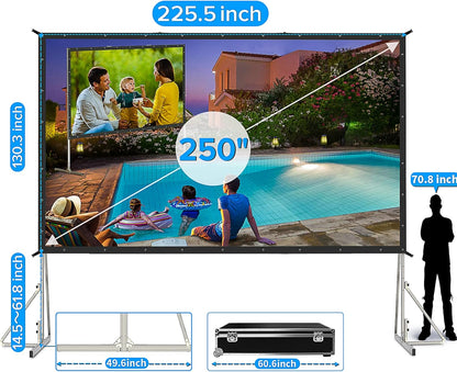 250 inch Projector Screen with Stand, Upgraded 3 Layers PVC 16:9 Large Outdoor Projector Screen, Portable Outdoor Movie Screen with Carrying Bag for Large Commercial Performance
