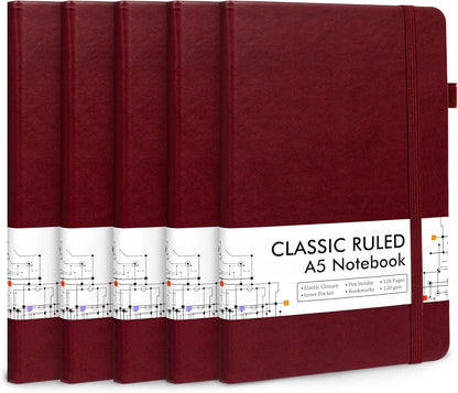 feela 5 Pack Journal Notebook Bulk for School, Hardcover Business Notebooks Classic Ruled Lined Journals with Pen Holder for Work Note Taking, with 5 Black Pens, 120 GSM, 5.1”x8.3”, A5, Wine