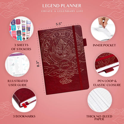 Legend Planner – Weekly & Monthly Life Planner to Hit Your Goals & Live Happier. Organizer Notebook & Productivity Journal. A5 (Wine Red)