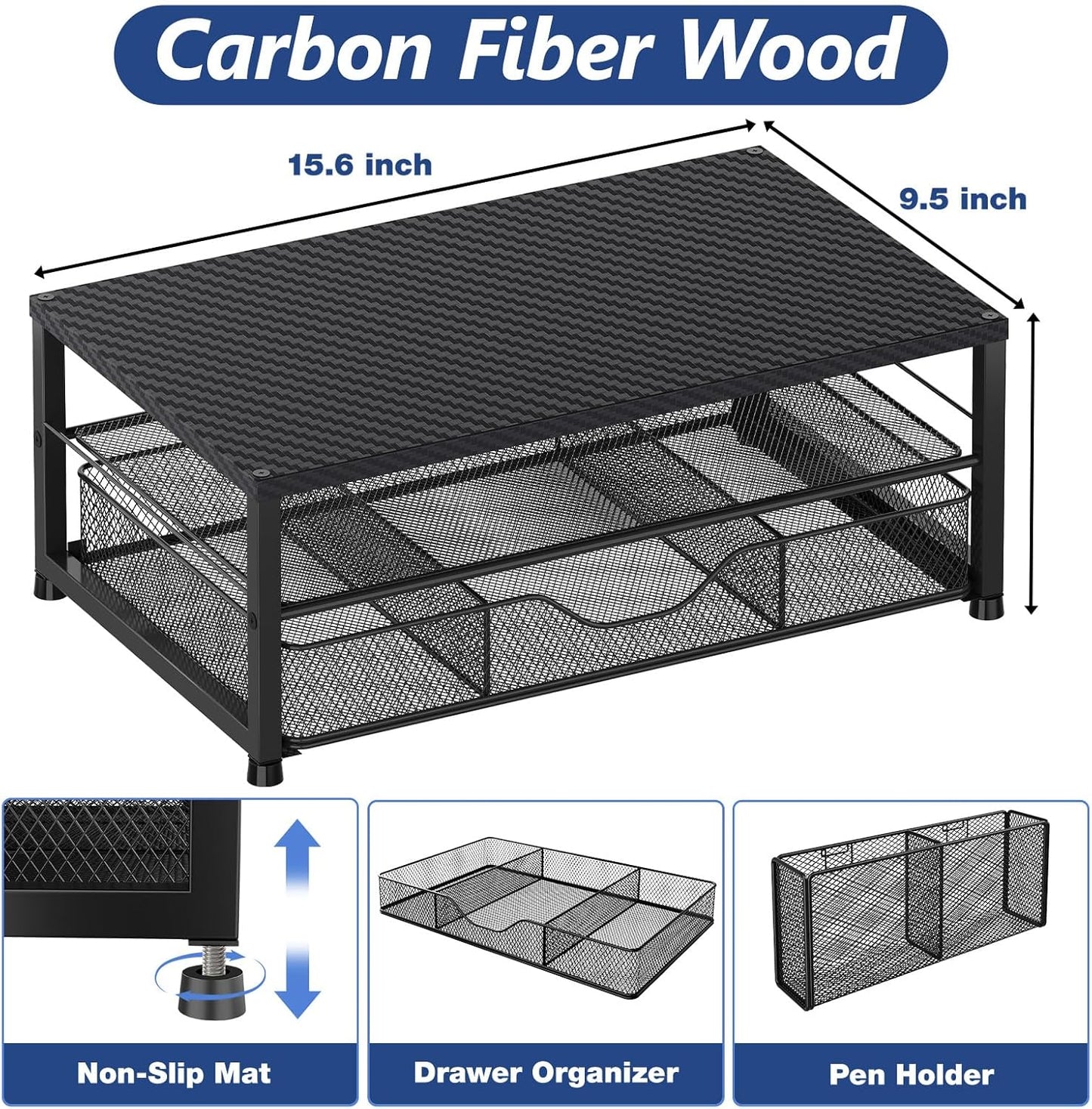 Desk Organizer and Accessories, 2-Tier Computer Monitor Stand with Drawer and 2 Pen Holders, Laptop Stand, Office Desk Accessories for Office Supplies, Carbon Fiber