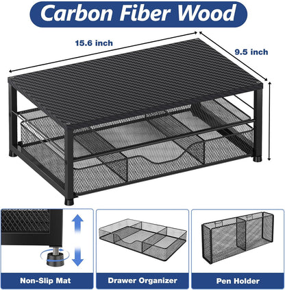 Desk Organizer and Accessories, 2-Tier Computer Monitor Stand with Drawer and 2 Pen Holders, Laptop Stand, Office Desk Accessories for Office Supplies, Carbon Fiber