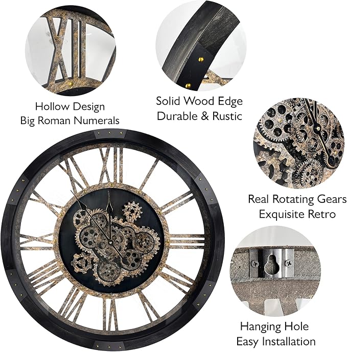 DORBOKER 40" Original Moving Gears Wall Clock, Large Industrial Wall Clock for Living Room Decor,Oversized Wood Vintage Farmhouse Steampunk Rustic Clocks for Wall Decor Vintage Black