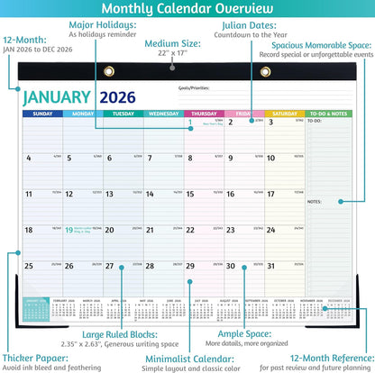 2026 Desk Calendar – Large Desk Calendar 2026, 22'' x 17'', Jan 2026 – Dec 2026, 2026 Desk/Wall Calendar with Desk Pad, To-do Lists, Ruled Blocks, Corner Protectors, Lay Flat ＆ Not Rolled