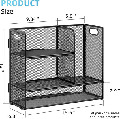 Marbrasse 3-Tier Desk Shelf Organizer with Handle, Desktop Bookshelf File Holder, Mesh Display Shelf Organizer Storage Rack for Office, Home, Supplies, Kitchen (Black)