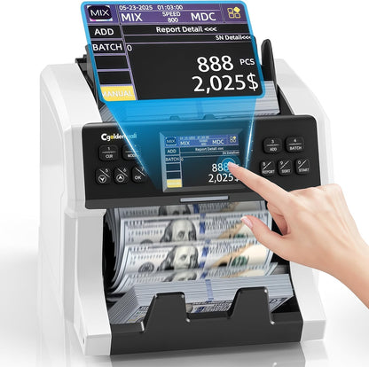 CGOLDENWALL Money Counter Machine Mixed Denomination,Bank Grade Cash Counter 2CIS/UV/IR/MG Counterfeit Detection,Serial Number,MUL Currency Value Counting, Sort&Printer Compatible Bill Counter,1500N/M