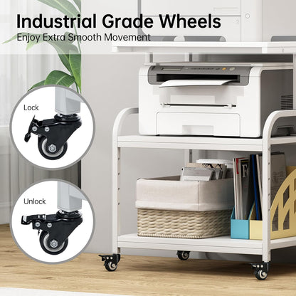 White Printer Stand, 23.6 x18.9 x 30 Inches Big Size Printer Table with Adjustable Shelf, 3 Tier Rolling Printer Cart with Wheels for Home Office Storage and Organization