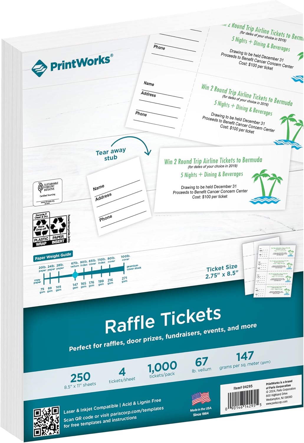 PrintWorks Printable Raffle Tickets With Tear-Away Stubs for Events & Fundraisers - 1000 Custom Tickets (Size 2.75" x 8.5") - 4 per Sheet - 250 Sheets (8.5" x 11") - Made in the USA - White (04295)