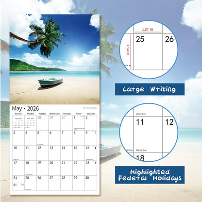 2026 Wall Calendar,Calendar 2026, July 2025 - December 2026, Wall Calendar Beaches Island, 12" x 24" Opened,Full Page Months Thick & Sturdy Paper for Calendar Organizing & Planning
