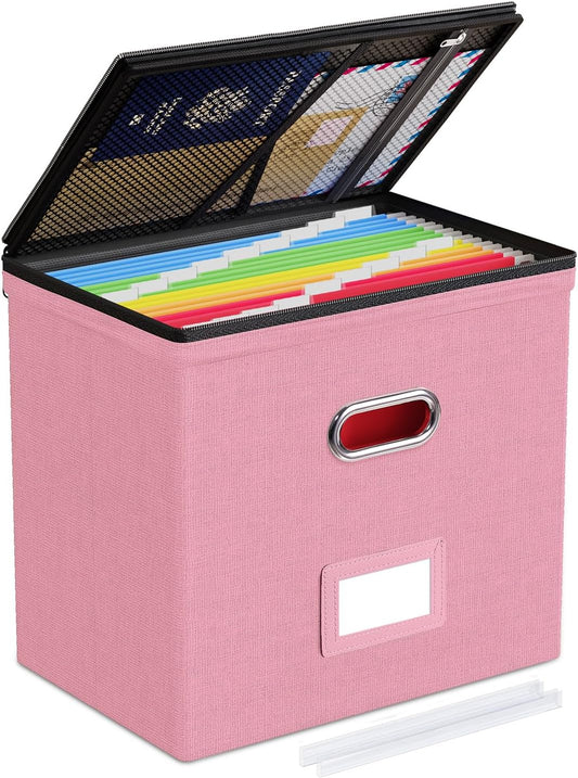 Oterri File Organizer Boxes with Lids, File Box with Mesh Pockets, Document Organizer Box for Letter Size Folders, Zippers Important Document Organizer (Pink, Small-1 Pack Without Folders)