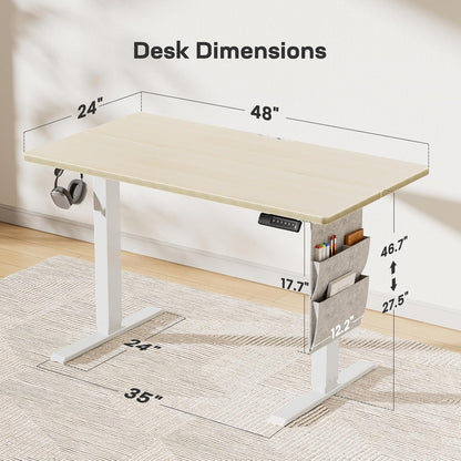 Marsail 48x24 Electric Standing Desk - Adjustable Height Computer Desk with Memory Presets, Storage Bag & Cable Management for Home Office & Gaming Workstations