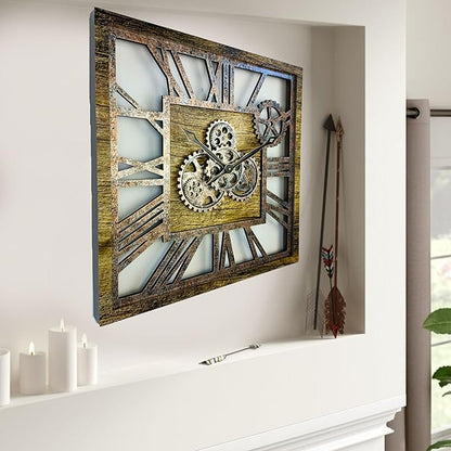 ImprovingLife The Gears Clock 24'' Inch Square Real Moving Gear Wall Clock Vintage Industrial Oversized Rustic Farmhouse (Gold Antique)
