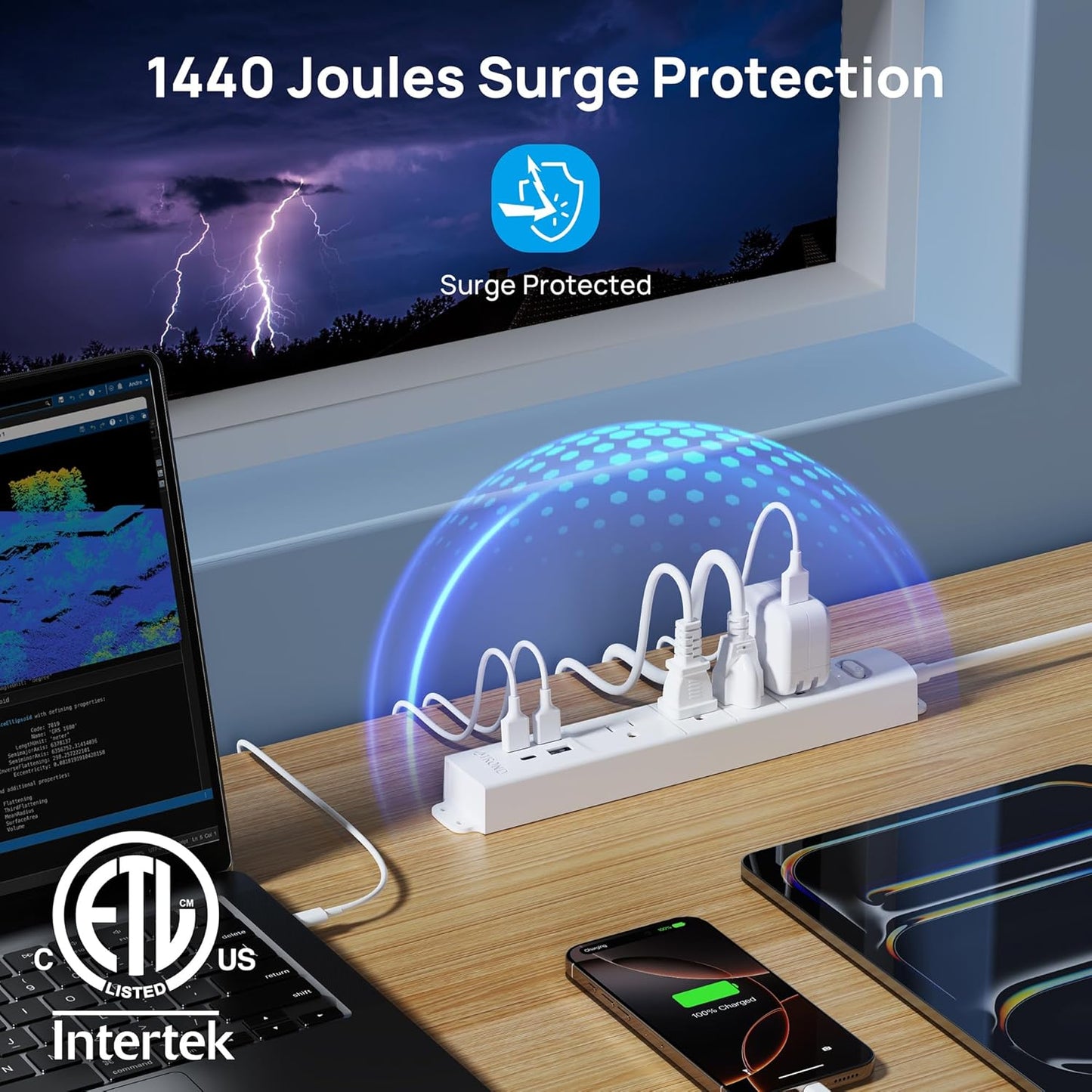 TROND Surge Protector Power Strip with USB, Ultra Thin Flat Plug 3ft Extension Cord 1625W, 3 USB A & 1 Type C, 4 AC Outlets 1440J Surge Protection ETL Listed, Wall Mount for Home Office Dorm, White