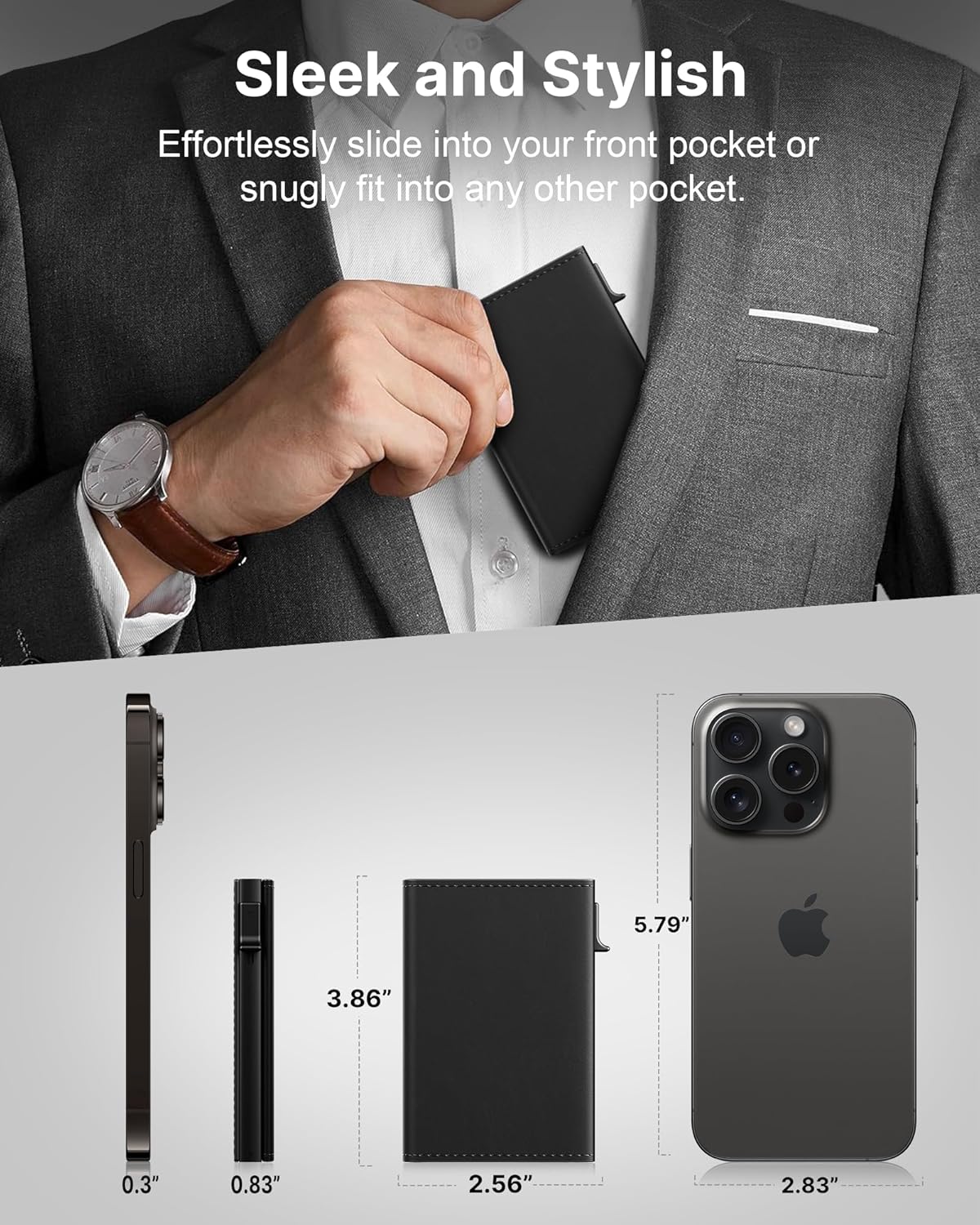 typecase Mens Wallet Card Holder: Pop Up Aluminum Case, Genuine Leather, Smart, RFID Blocking, Slim, Minimalist, Front Pocket - 9-14 Card Capacity | ID Window | Cash Slot (Deep Black)