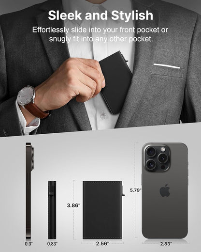 typecase Mens Wallet Card Holder: Pop Up Aluminum Case, Genuine Leather, Smart, RFID Blocking, Slim, Minimalist, Front Pocket - 9-14 Card Capacity | ID Window | Cash Slot (Deep Black)