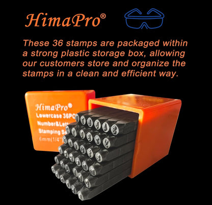 HimaPro Letter & Number Stamp Set(36 pcs Industrial Grade Lower case 'a'-'z' & '0'-'9') in a Plastic Square-Shaped Box (6mm 1/4 Inch)