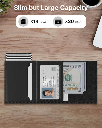 typecase Mens Wallet Card Holder: Pop Up Aluminum Case, Genuine Leather, Smart, RFID Blocking, Slim, Minimalist, Front Pocket - 9-14 Card Capacity | ID Window | Cash Slot (Deep Black)