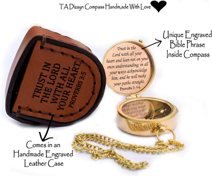 Trust in The Lord With All Your Heart - Proverbs 3:5-6 Quote Engraved Compass With Wooden Box, Greeting Card, Gift Compass, Graduation Day Gifts 2024 for Women Men Boys Girls