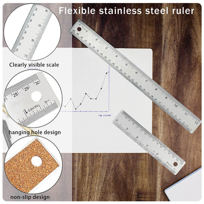 Metal Ruler 6 Inch 12 Inch Stainless Steel Metal Ruler with Cork Backing, Non-Slip Rulers with Inch and Centimeters, Straight Edge Cork Base Rulers for Student School Office Drafting Tools