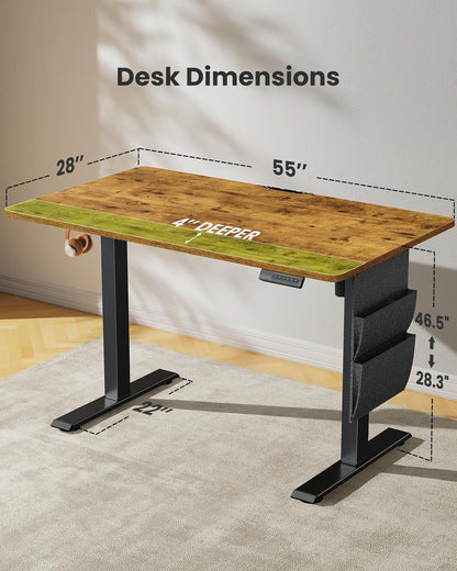Marsail Standing Office Desk,Adjustable Heights,Stand Up Desk,55x28 Inches Desktop Sit Stand Home Office Gaming Computer Desk with 4 Memory Presets,Headphone Hook,Cable Organizer, Rustic Brown