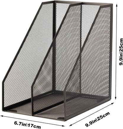 2 Set Magazine Holder Metal Wire, 2 Compartments Mesh File Holder for Desk, Office Desk Accessories Decorative File Box, Black