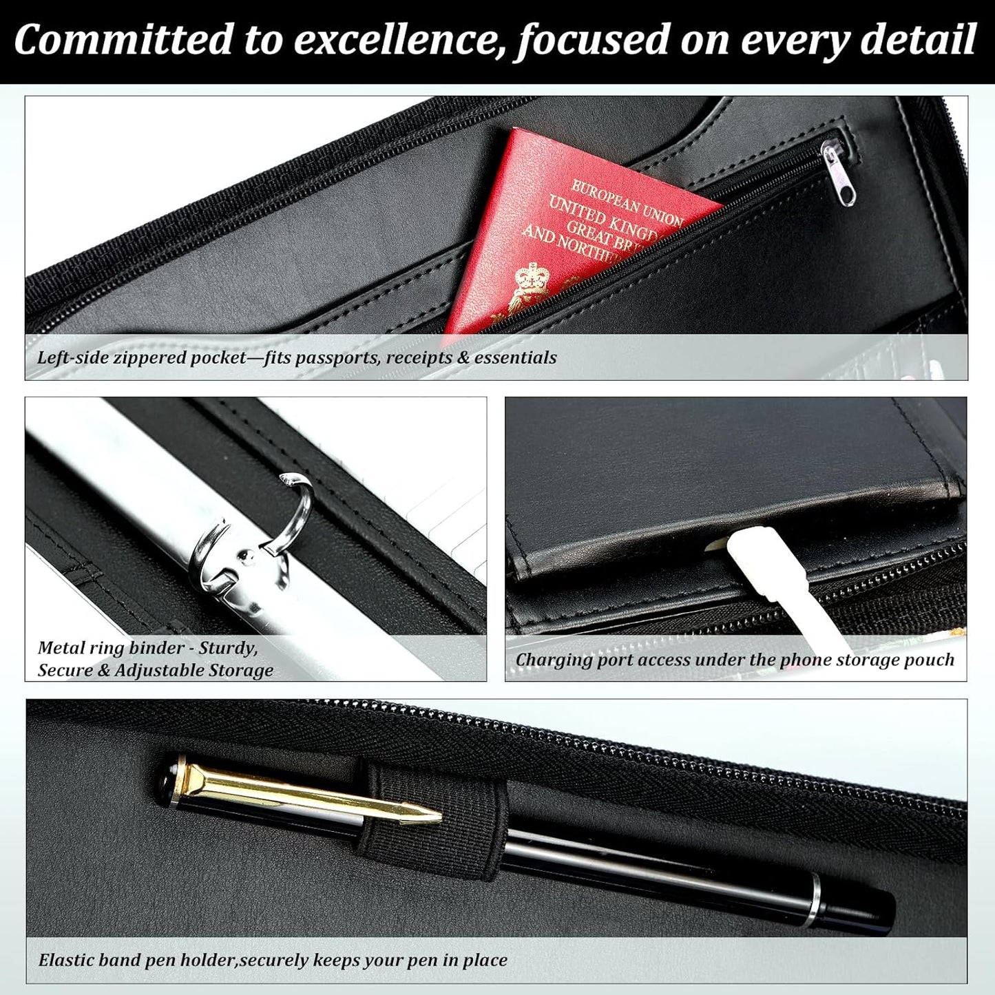 Leathario Portfolio Binder, Includes 5 Folder Index Dividers and 3 Notepads, 3-Ring Folder Organizer, Padfolio with Zipper, Vegan Leather Tablet Sleeve, Business Office Conference Clipboards