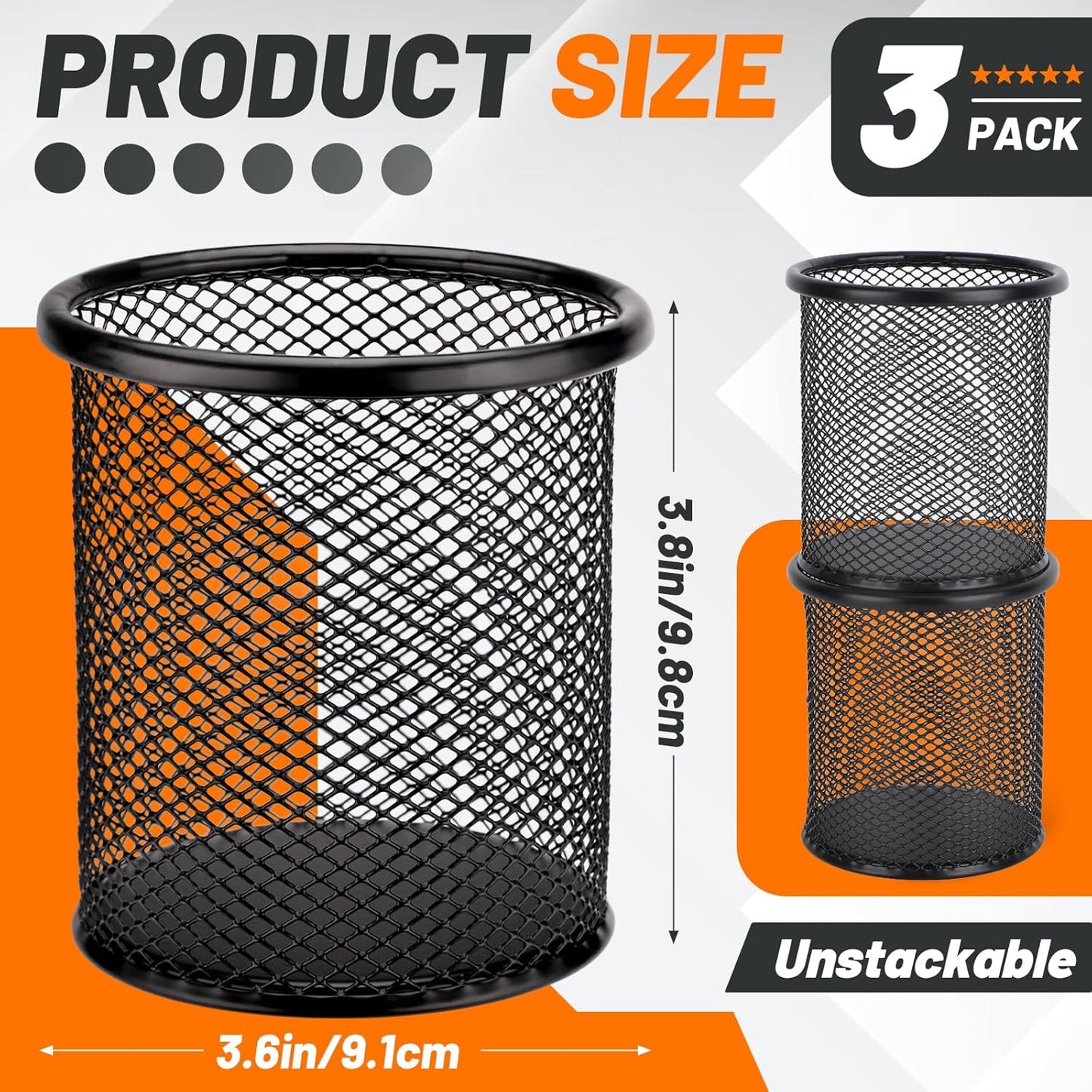 Segarty Pen Holder, 3 Pack Round Black Pen Cup Holder for Desk, Wire Mesh Pencil Containers Set for Office Supplies, School Maker, Home Desktop Accessories Organizer, Makeup Brush