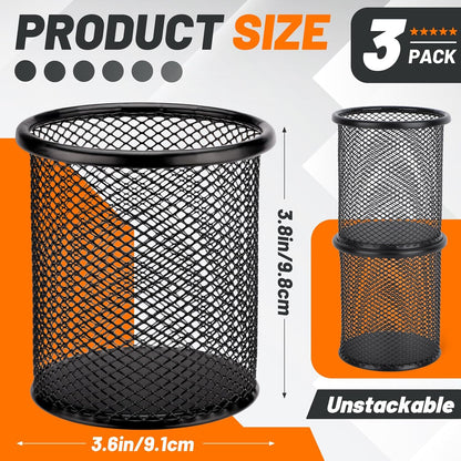 Segarty Pen Holder, 3 Pack Round Black Pen Cup Holder for Desk, Wire Mesh Pencil Containers Set for Office Supplies, School Maker, Home Desktop Accessories Organizer, Makeup Brush