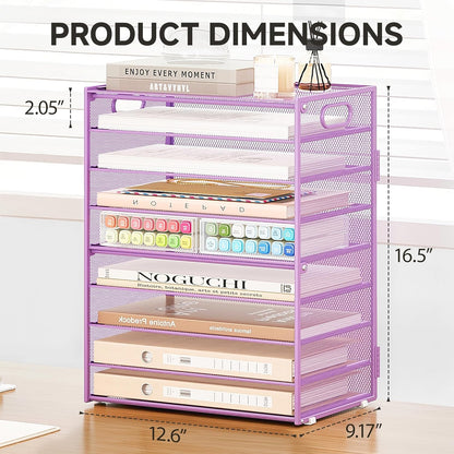 SUBEKYU 9 Tier Paper Letter Tray Desk Organizer with Handles - Purple Metal Mesh File Holder Paper Sorter Desk Organizer for Office Home School, Include 6 Pcs Adjustable Slid Tray, 6 Colors Available