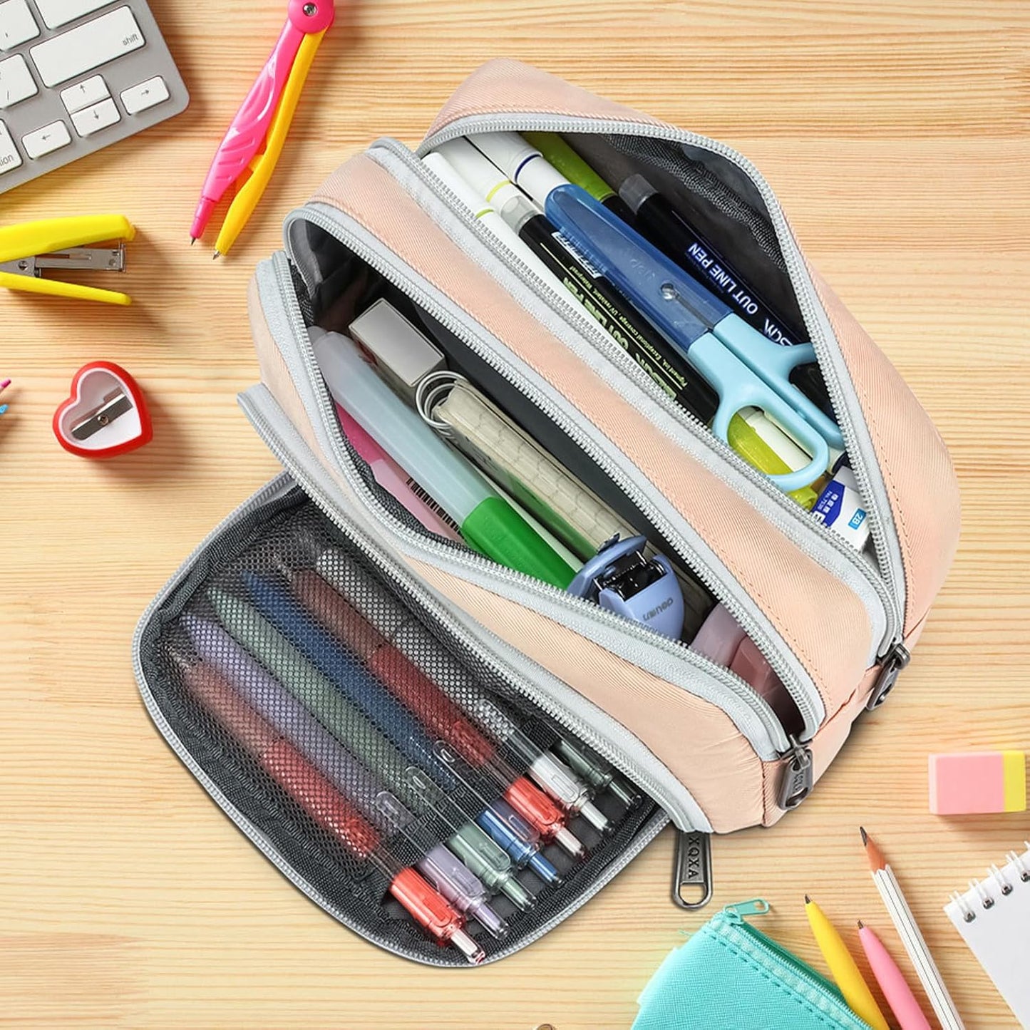 XQXA Pen Pouch Large Capacity Pencil Case Organizer, Multifunctional Pencil Pouch with 3 Compartmens, Big Pencil Bag for Office Travel Men Women Adult (01-Creamy Rice)