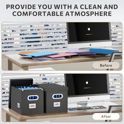 File Organizer Box with Lid - Set of 2 Portable Hanging File Box, Collapsible Linen Decorative Filing Storage Boxes for Office & Home File Cabinet (Black 14 x 9.3 x 10.9 inch)
