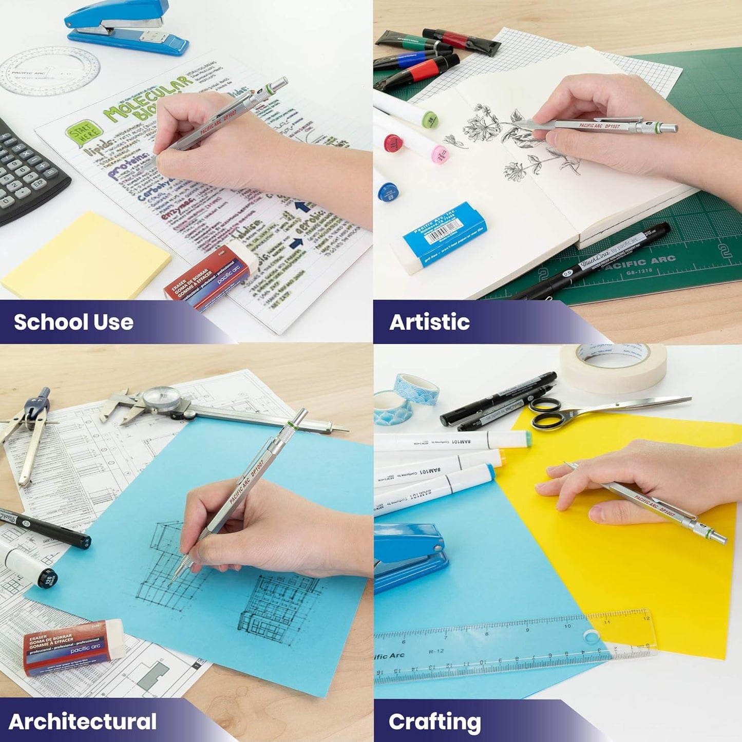 Pacific Arc Chromagraph Metal Mechanical Pencil .7 mm Silver Barrel Mechanical Pencil with Built In Lead Pencil Grade Indicator, Lead Pencil Holder for Drafting, Sketching, and Drawing