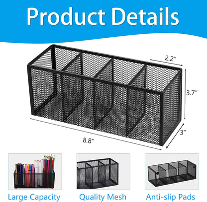2PCS Black Mesh Pen Pencil Holder, Metal Desk Organizer Desktop Stationery Office Supplies Acessories Storage Stand, 4 Compartments Brushes Holder for Home School Classroom Teachers