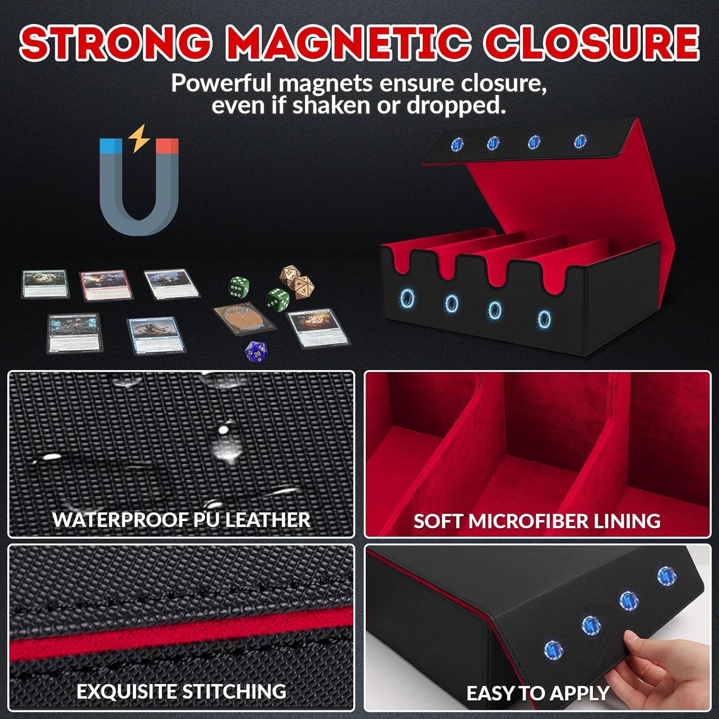 PU Leather Card Storage Box - 2800 Card Deck Case with Magnetic Closure, 10 Dividers & 4 Stoppers, Suitable for MTG, YuGiOh & Sports Cards