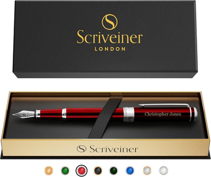 Scriveiner Personalized Deep Crimson Red Pen - Stunning Red Lacquer Luxury Pen with Chrome FinishGerman Schmidt Nib (Medium), Best Engraved Fountain Pen Gift Set for Men & Women, Name Engraving