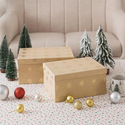 Soul & Lane Christmas Gift Boxes with Lids, Vintage Kraft Reusable Christmas Nesting Boxes for Presents, Decorative Cardboard Large Holiday Storage For Keepsakes and Snowflakes Decor, Set of 2