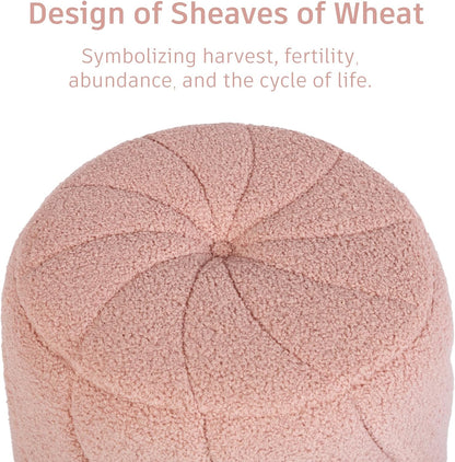 Modern Round Ottoman 2Pcs, Spiral-Tufted Foot Stool Ottoman, Teddy Fleece Upholstered Vanity Stool for Makeup, Bedroom, Living Room, Pink