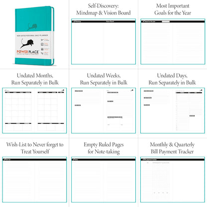 Daily Planner, Calendar and Gratitude Journal to Improve Time-Management, Productivity & Happiness | Vegan Leather Hardcover Organizer with Blank Dates, Undated 6 Months 24 Hour Agenda