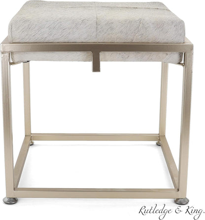 Rutledge & King Cowhide Ottoman/Vanity Stool - Square Ottoman Stool - White Ottoman/Grey Ottoman Foot Rest - Cowhide Grey & White Stool - Gold Stool - Cow Ottoman - Cow Fur Stool (Gold)