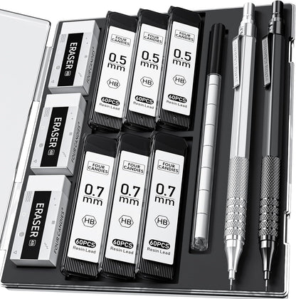 Four Candies 2PCS Metal Mechanical Pencils Set with Case, 0.5mm & 0.7 mm Artist Pencil with 6 Tubes (360PCS) HB Lead Refills, 3 Erasers,9 Eraser Refills For Writing Drafting, Drawing, Black&Silver