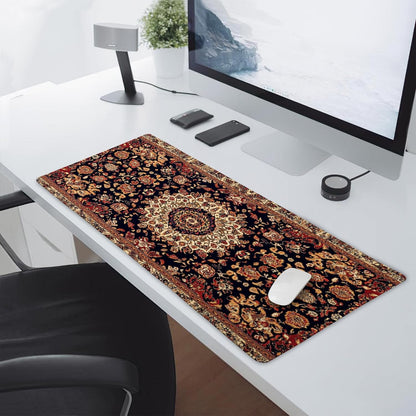 Vintage Rug Gaming Mouse Pad XL Dark Brown Retro Carpet Aesthetic Extended Large Mat Mousepad Desk Pad Non-Slip Rubber Base Stitched Edge Flower Keyboard Pad Playmat for Computer,20x14 Inch,60x35cm